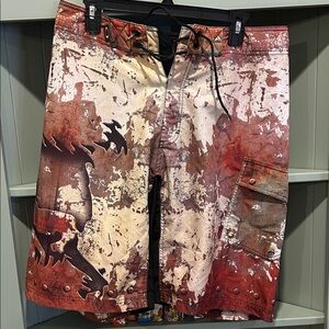 Men's Graphic Swim Shorts - Red and Brown, Size 32